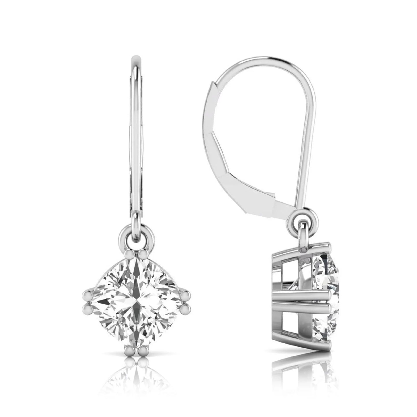 Cushion cut lab grown diamond drop earrings with four prong setting and lever back closure in silver gold tone design