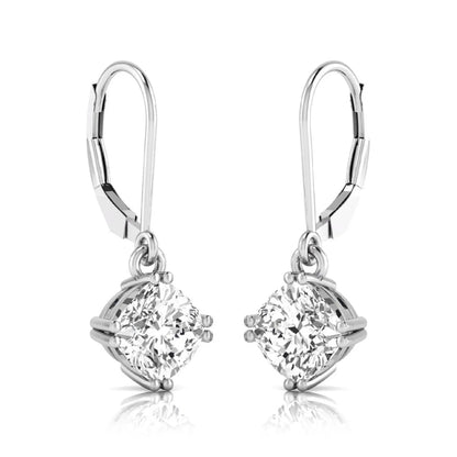 Cushion cut lab grown diamond drop earrings with four prong setting and lever back closure in silver gold tone design