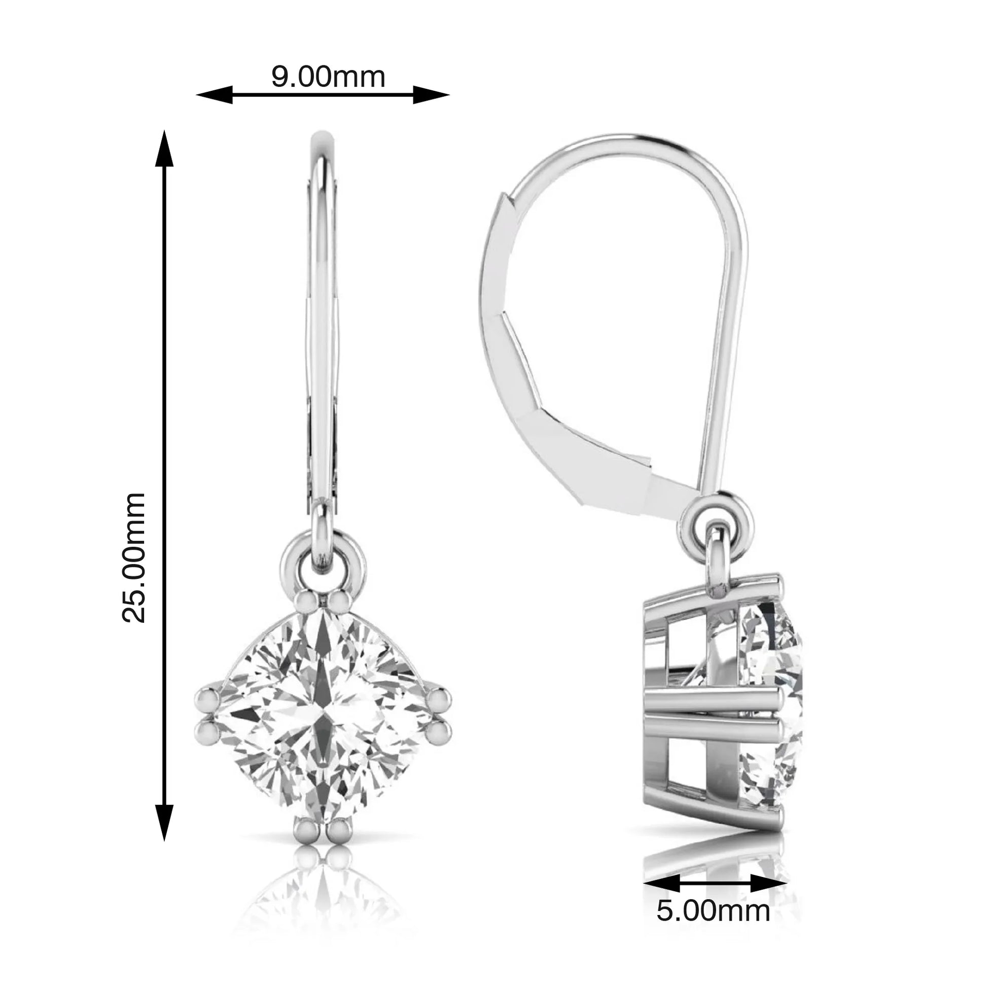 Cushion cut lab grown diamond drop earrings with four prong setting and lever back closure in silver gold tone design