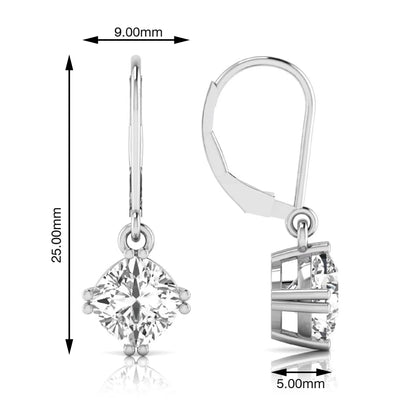 Cushion cut lab grown diamond drop earrings with four prong setting and lever back closure in silver gold tone design