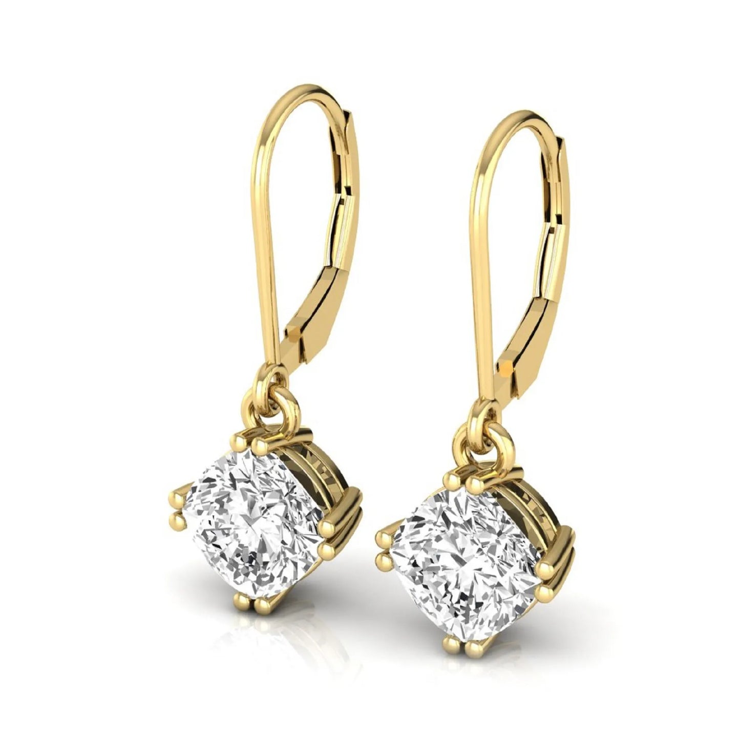 Cushion cut lab grown diamond drop earrings with four prong setting and lever back closure in yellow gold tone design