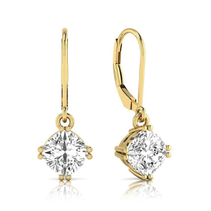 Cushion cut lab grown diamond drop earrings with four prong setting and lever back closure in yellow gold tone design