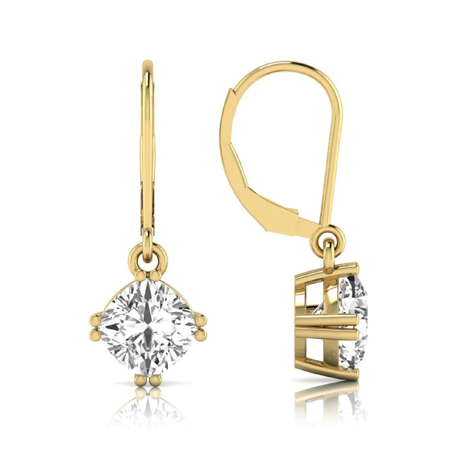 Cushion cut lab grown diamond drop earrings with four prong setting and lever back closure in yellow gold tone design
