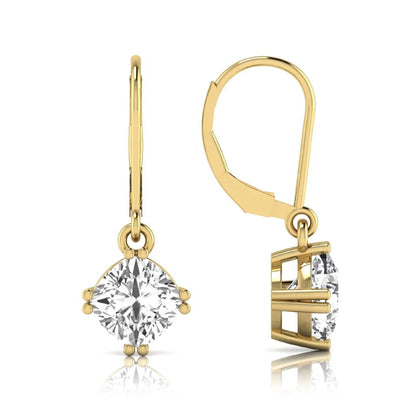 Cushion cut lab grown diamond drop earrings with four prong setting and lever back closure in yellow gold tone design