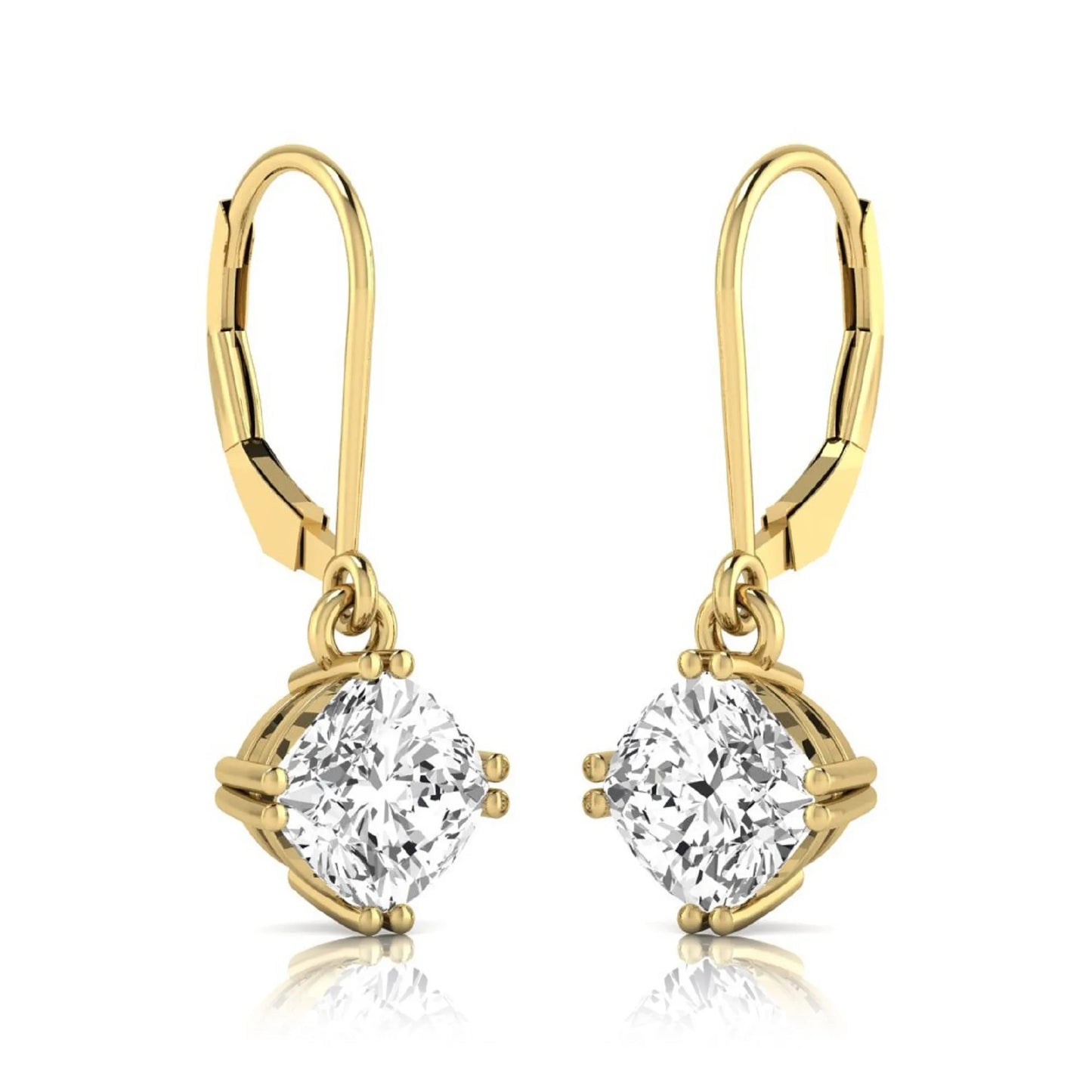 Cushion cut lab grown diamond drop earrings with four prong setting and lever back closure in yellow gold tone design