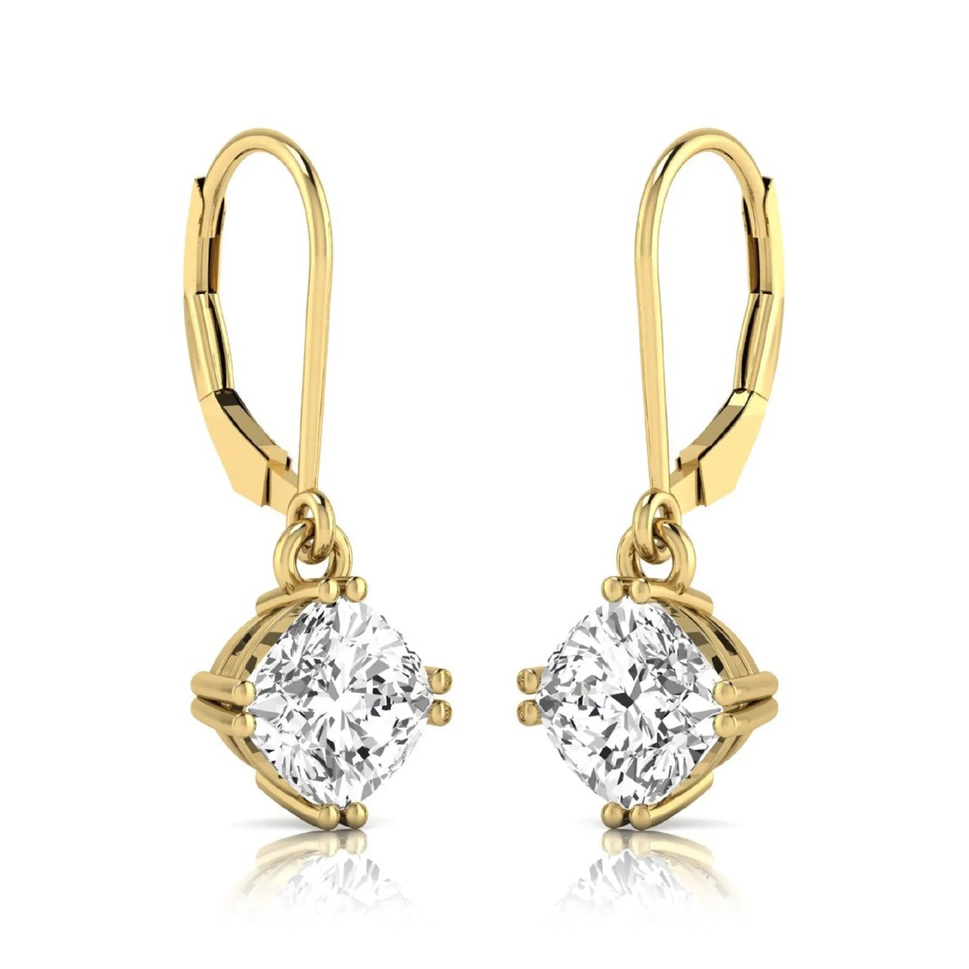 Cushion cut lab grown diamond drop earrings with four prong setting and lever back closure in yellow gold tone design