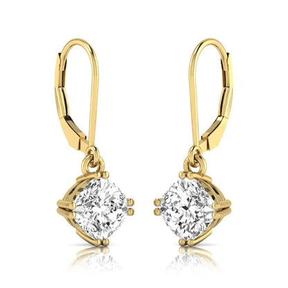 Cushion cut lab grown diamond drop earrings with four prong setting and lever back closure in yellow gold tone design