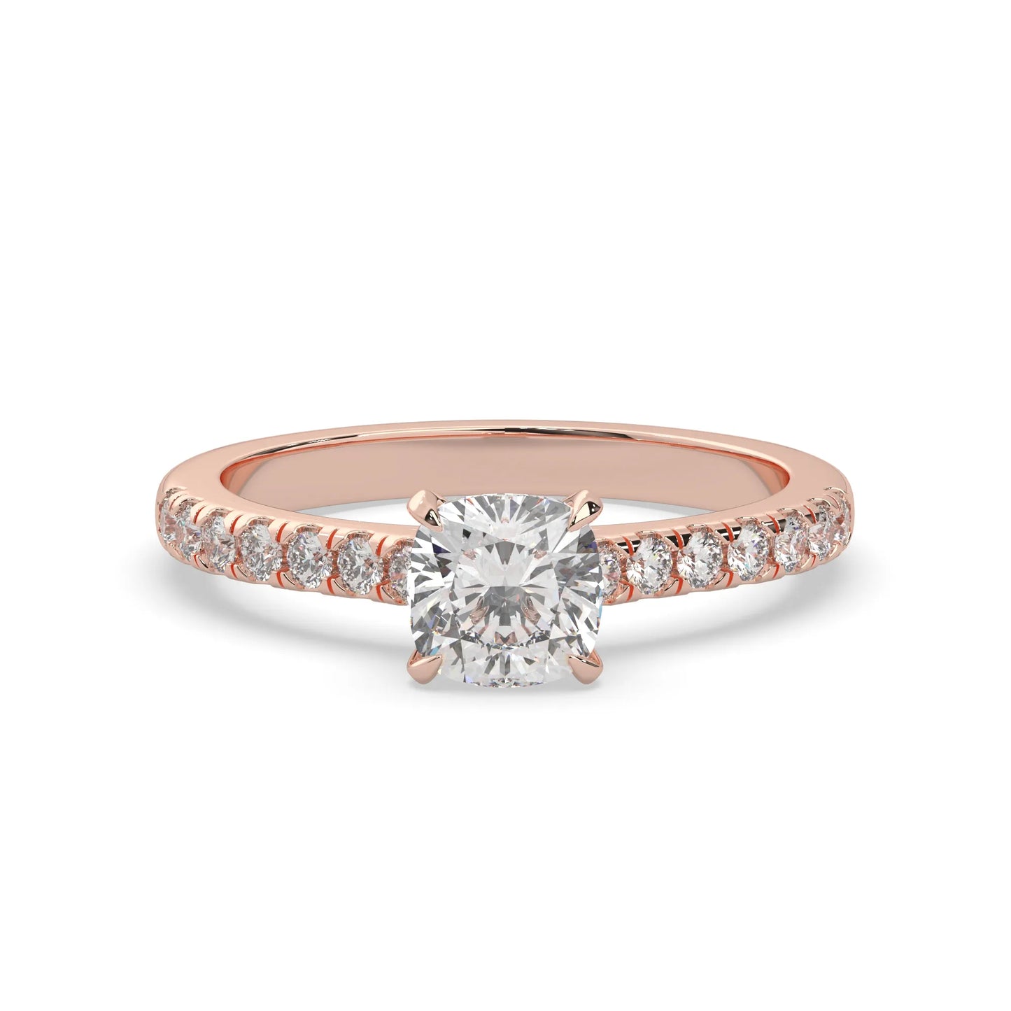 Cushion cut lab grown diamond prong set engagement ring with pavé band and rose gold metal tone design