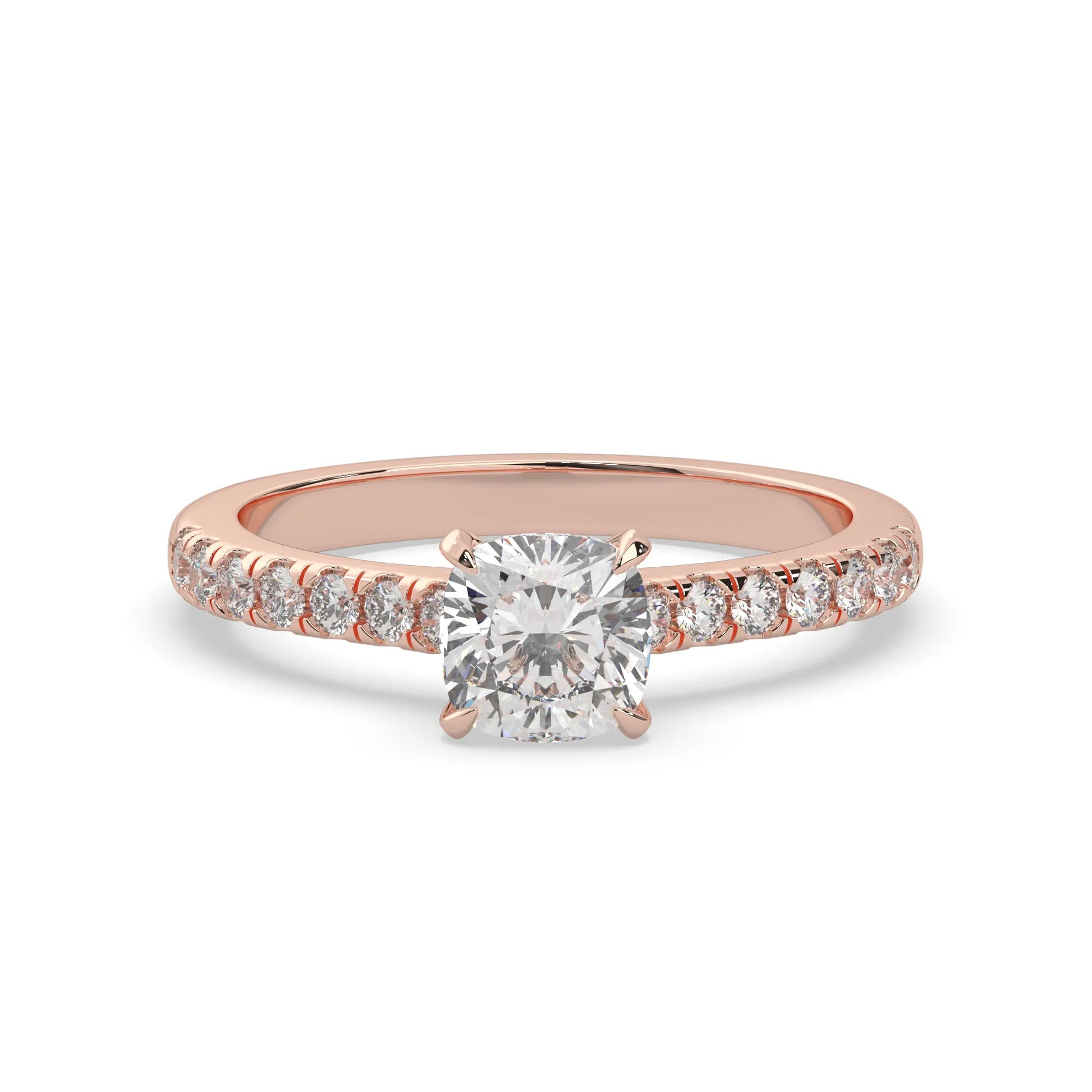Cushion cut lab grown diamond prong set engagement ring with pavé band and rose gold metal tone design