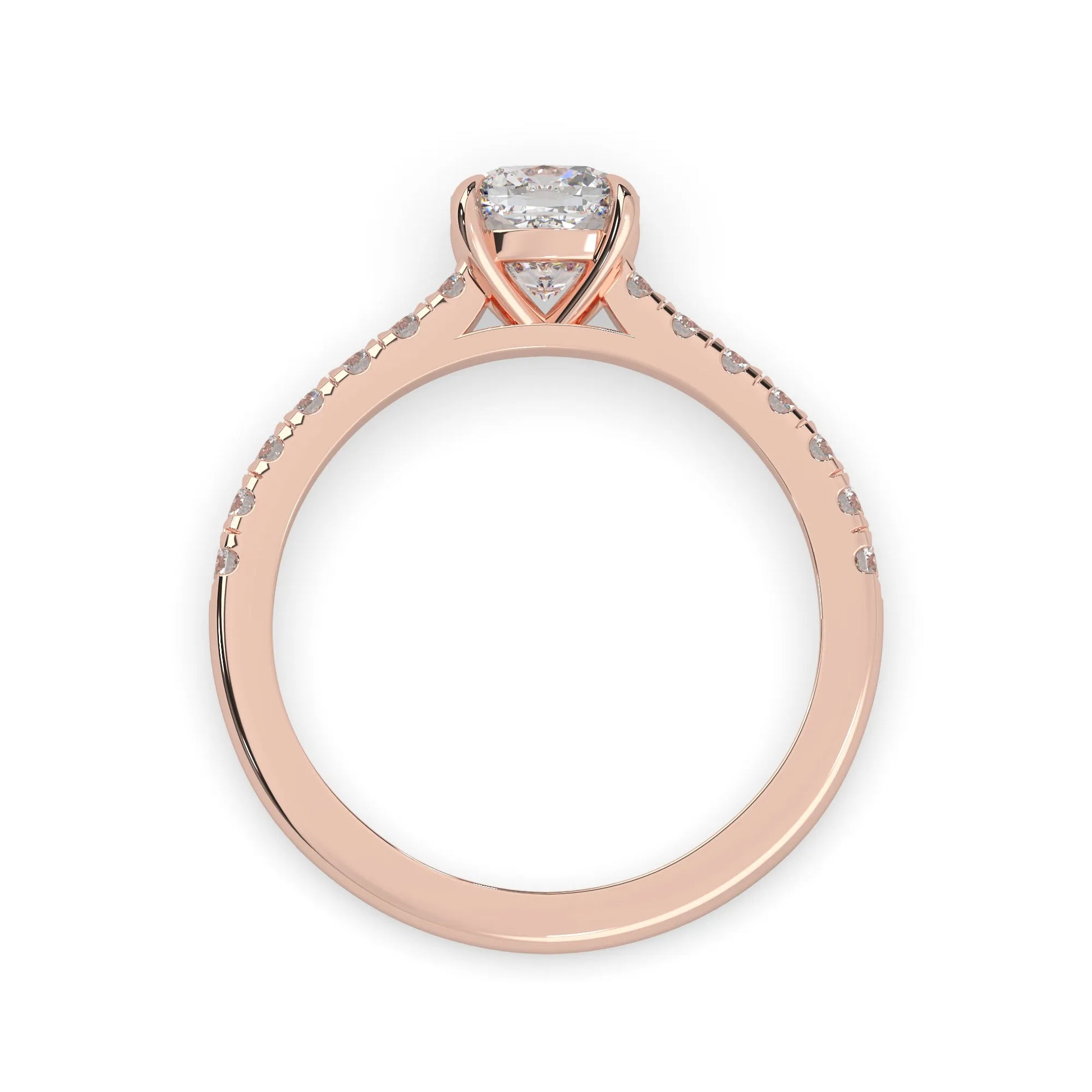 Cushion cut lab grown diamond prong set engagement ring with pavé band and rose gold metal tone design