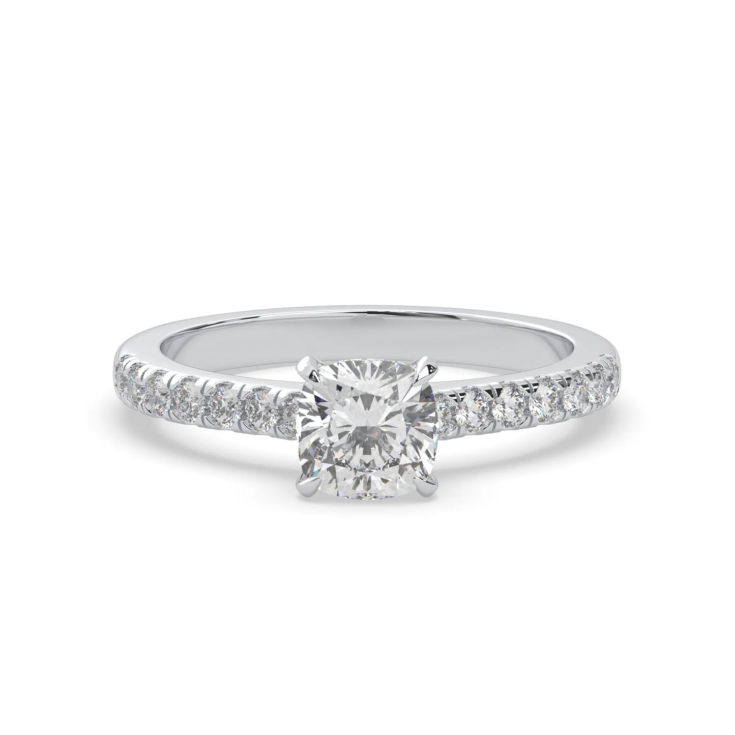 Cushion cut lab grown diamond prong set engagement ring with pavé band and white gold metal tone design