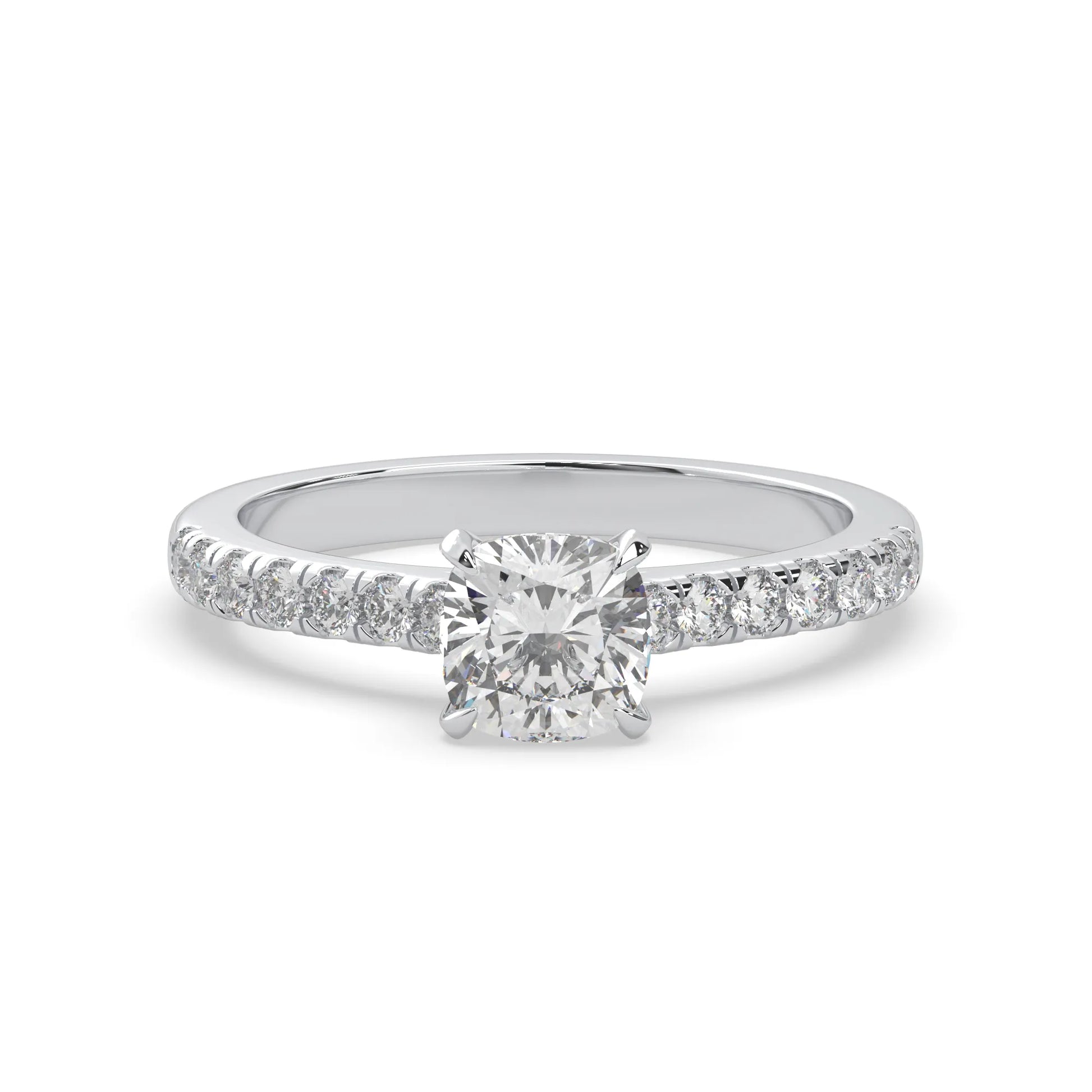 Cushion cut lab grown diamond prong set engagement ring with pavé band and white gold metal tone design