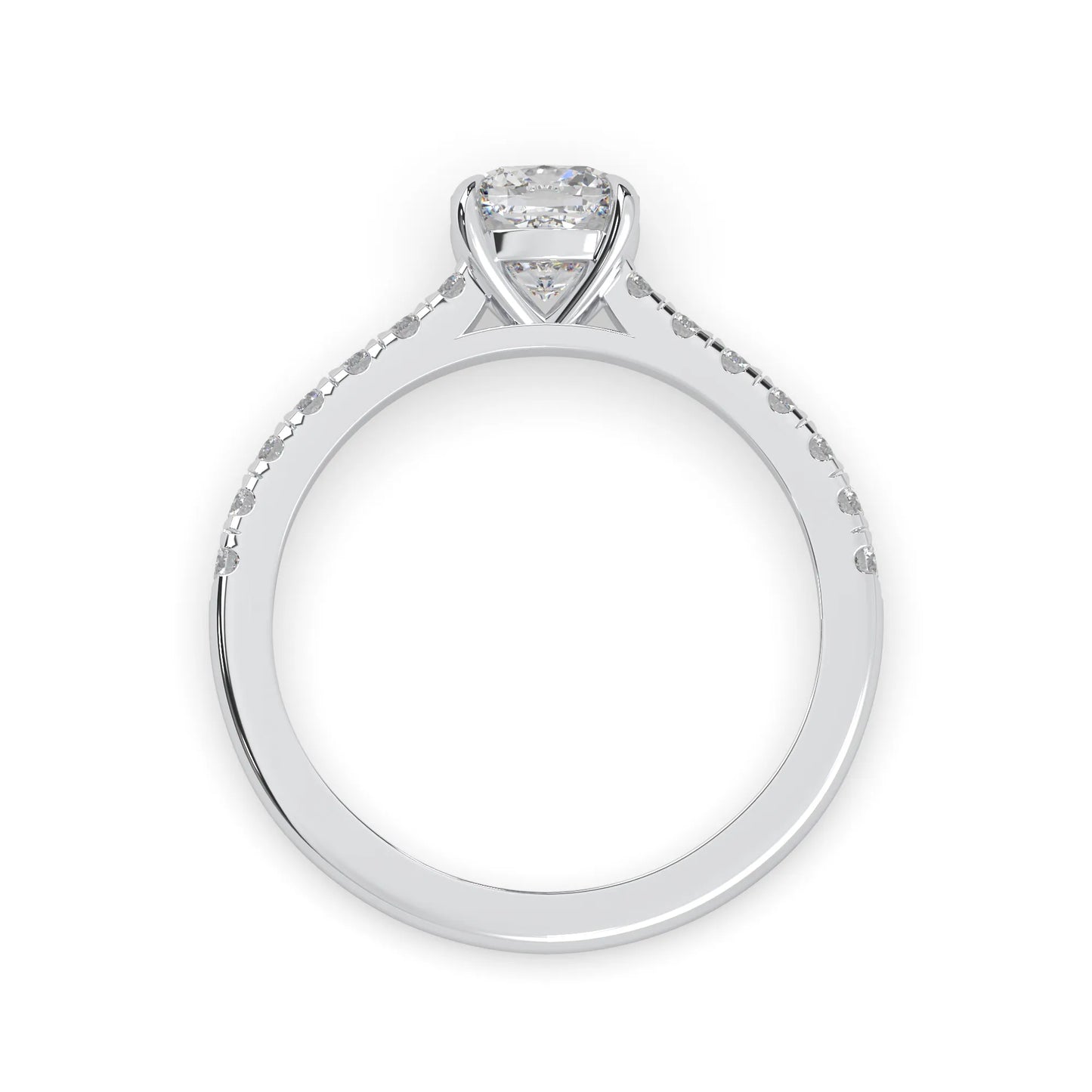 Cushion cut lab grown diamond prong set engagement ring with pavé band and white gold metal tone design