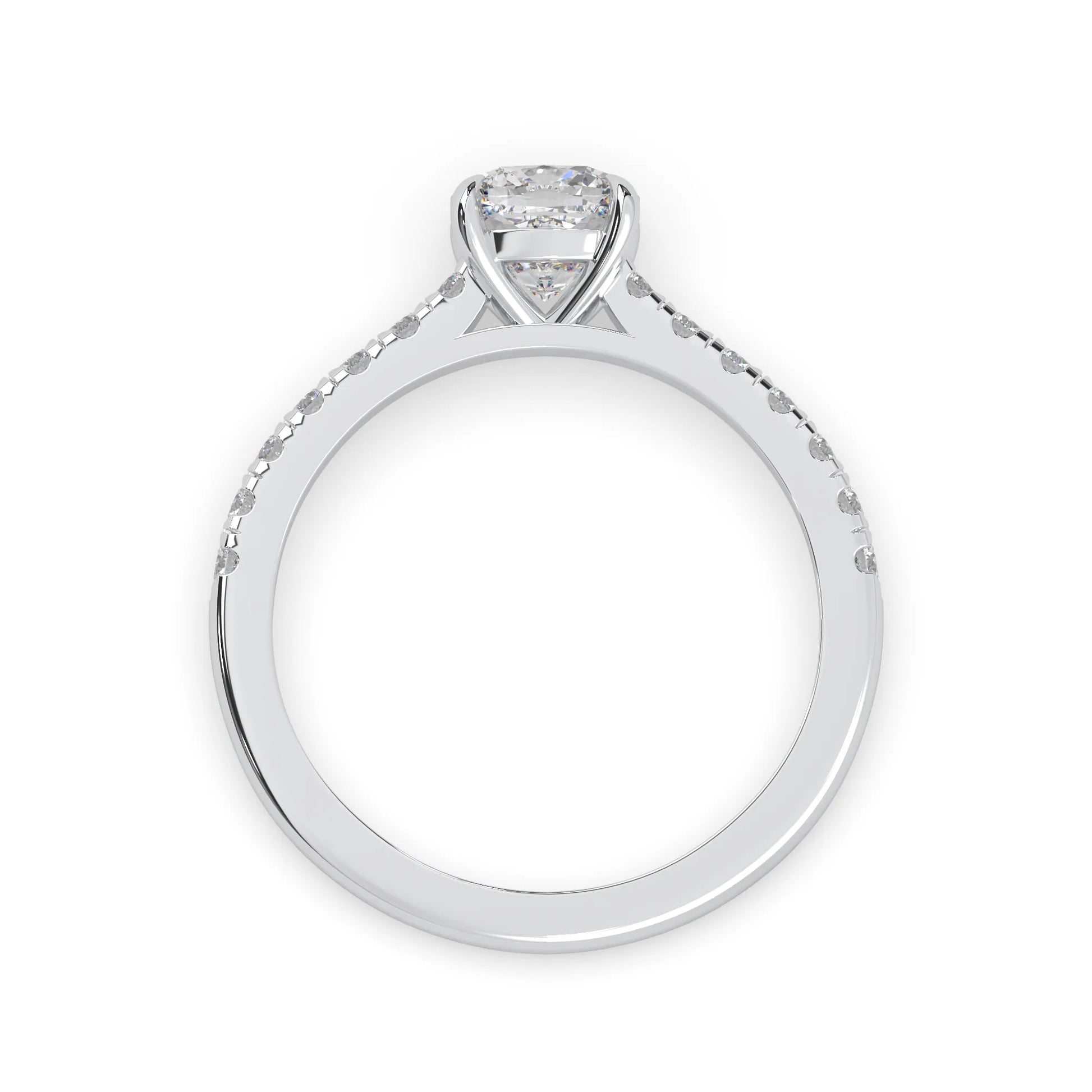 Cushion cut lab grown diamond prong set engagement ring with pavé band and white gold metal tone design
