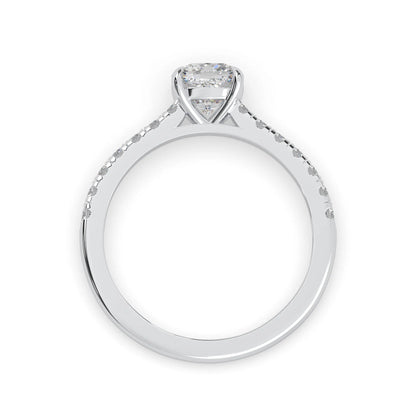 Cushion cut lab grown diamond prong set engagement ring with pavé band and white gold metal tone design