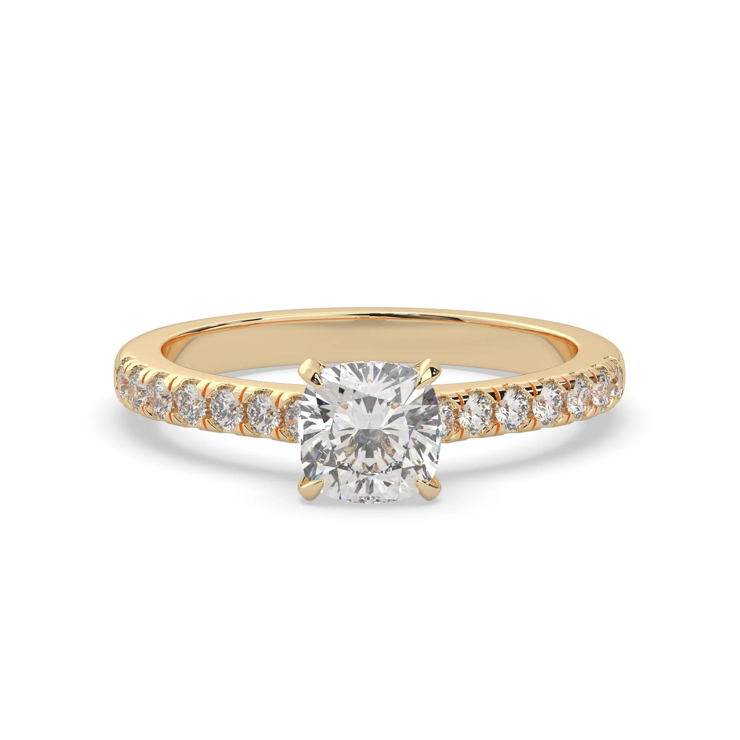 Cushion cut lab grown diamond prong set engagement ring with pavé band and yellow gold metal tone design