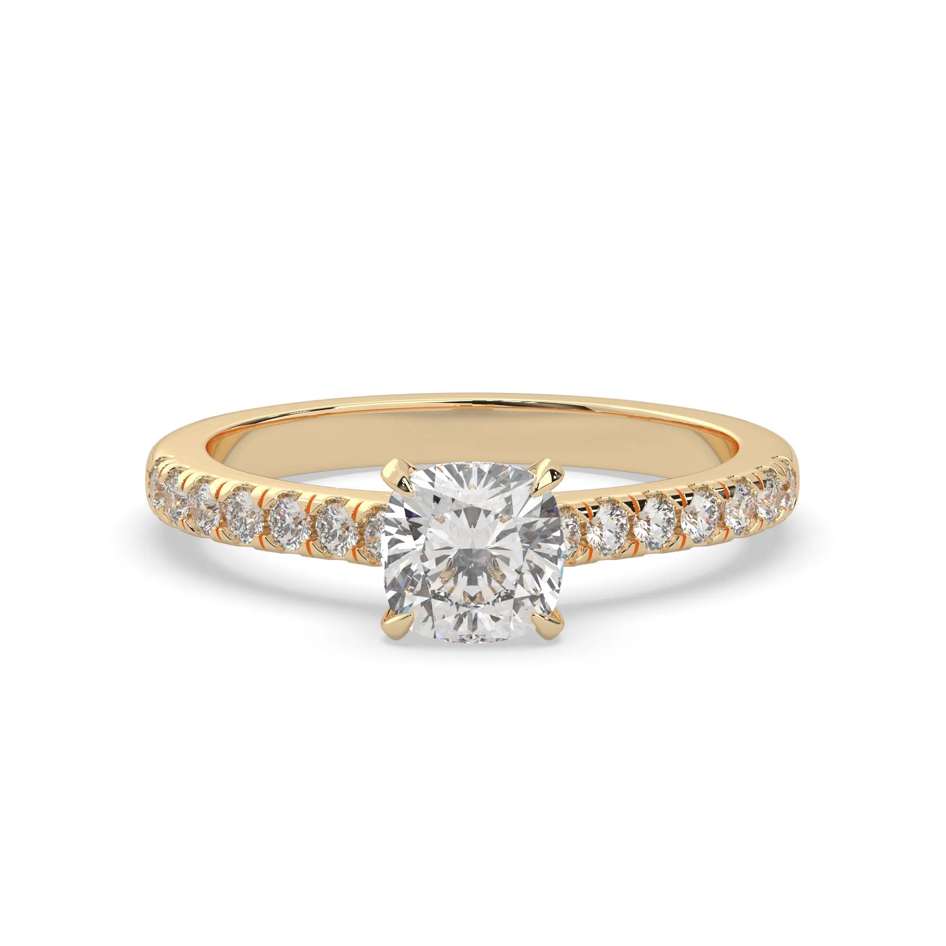 Cushion cut lab grown diamond prong set engagement ring with pavé band and yellow gold metal tone design