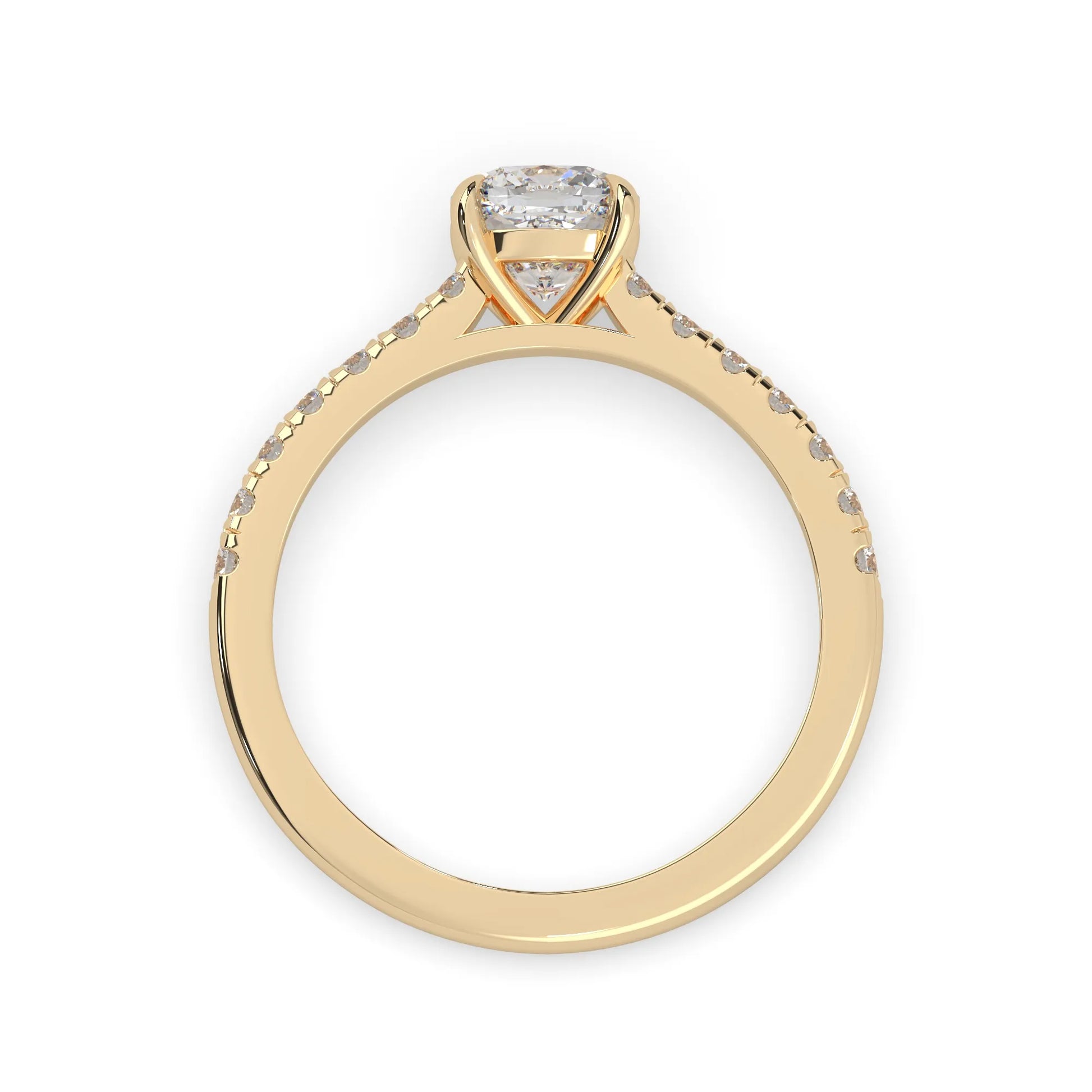 Cushion cut lab grown diamond prong set engagement ring with pavé band and yellow gold metal tone design