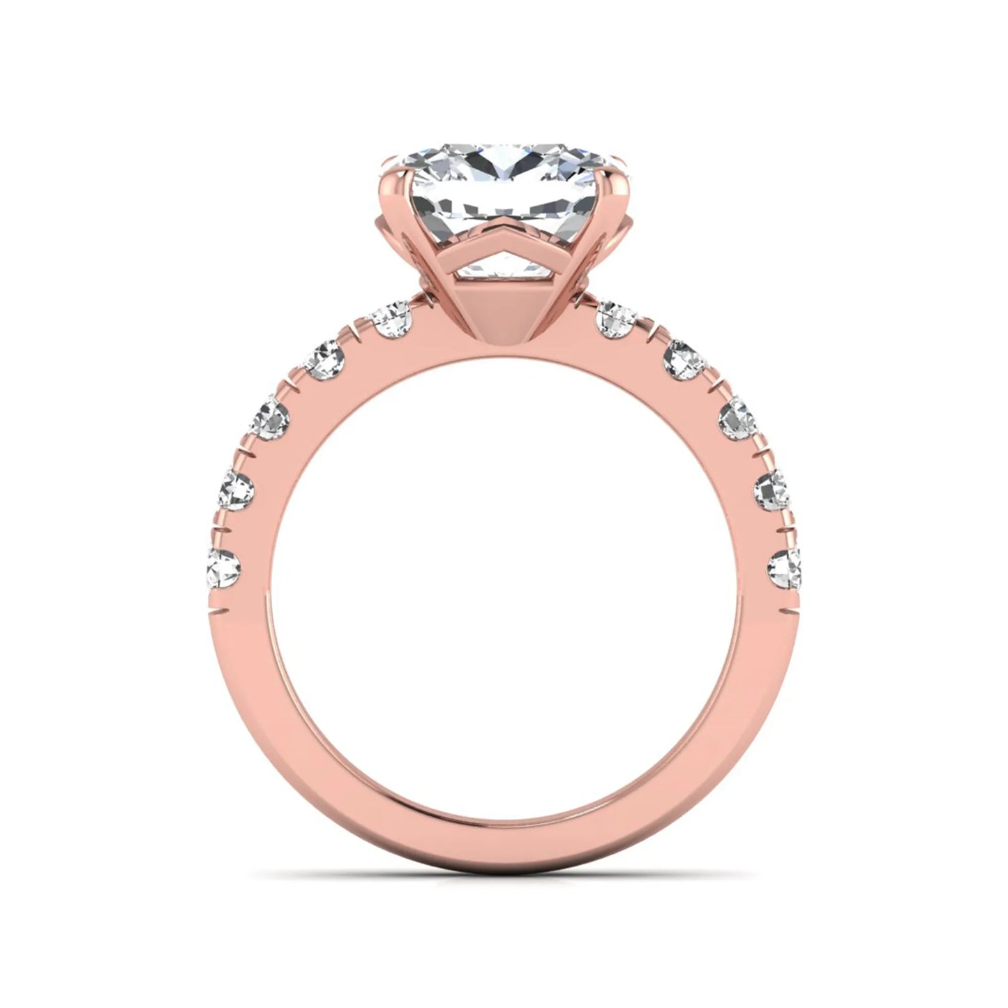 Cushion cut lab grown diamond solitaire engagement ring featuring a four-prong setting with a shared prong round diamond band in a rose gold tone design.
