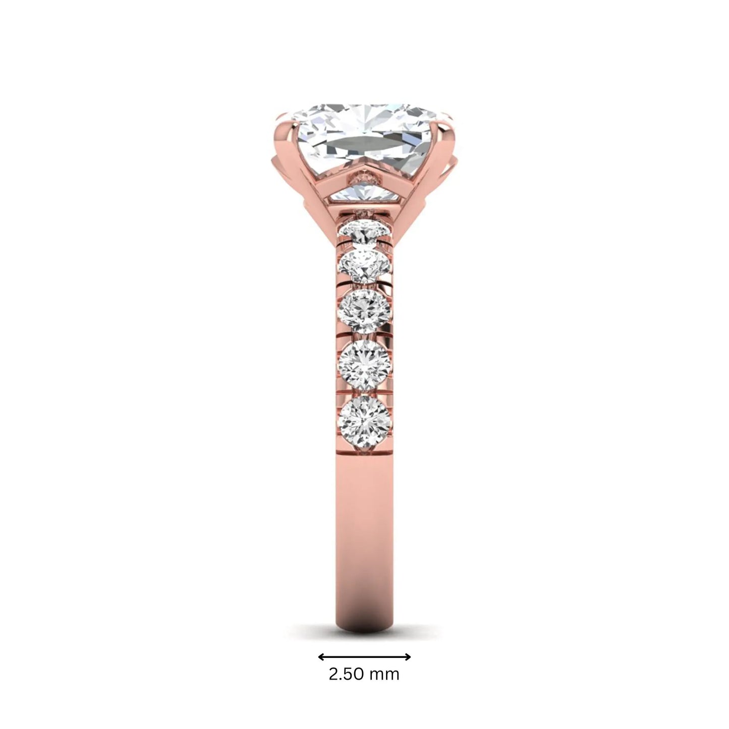 Cushion cut lab grown diamond solitaire engagement ring featuring a four-prong setting with a shared prong round diamond band in a rose gold tone design.