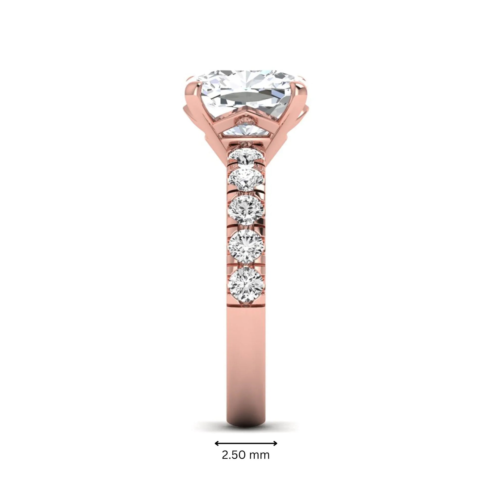 Cushion cut lab grown diamond solitaire engagement ring featuring a four-prong setting with a shared prong round diamond band in a rose gold tone design.