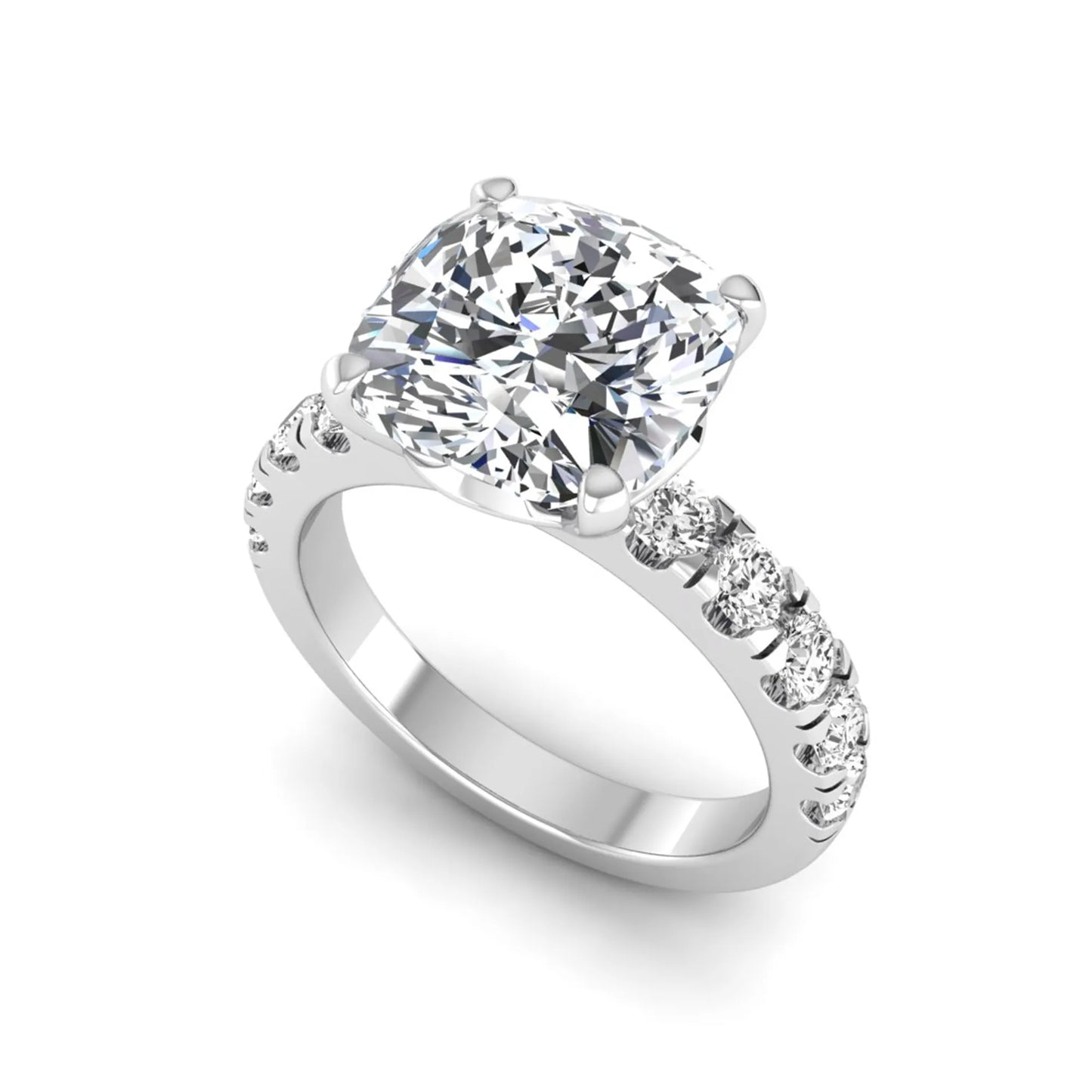 Cushion cut lab grown diamond solitaire engagement ring featuring a four-prong setting with a shared prong round diamond band in a white gold tone design.