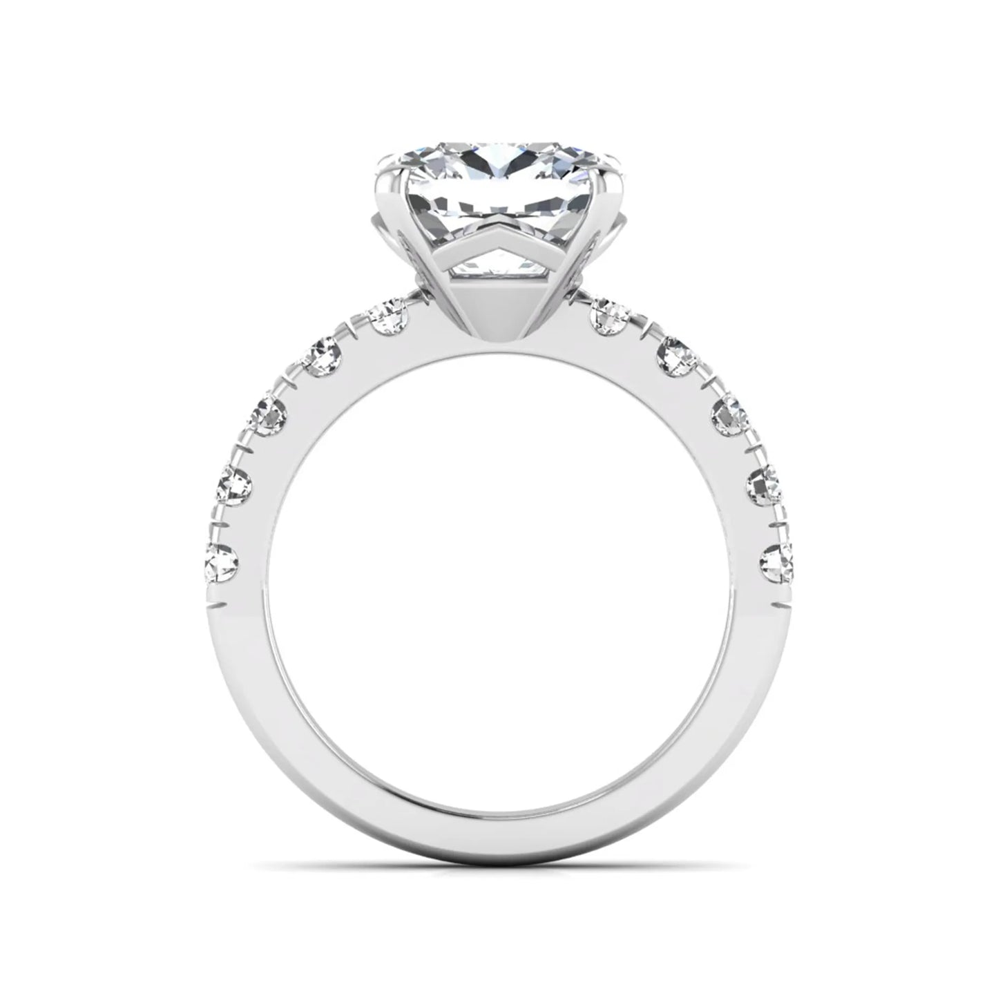 Cushion cut lab grown diamond solitaire engagement ring featuring a four-prong setting with a shared prong round diamond band in a white gold tone design.