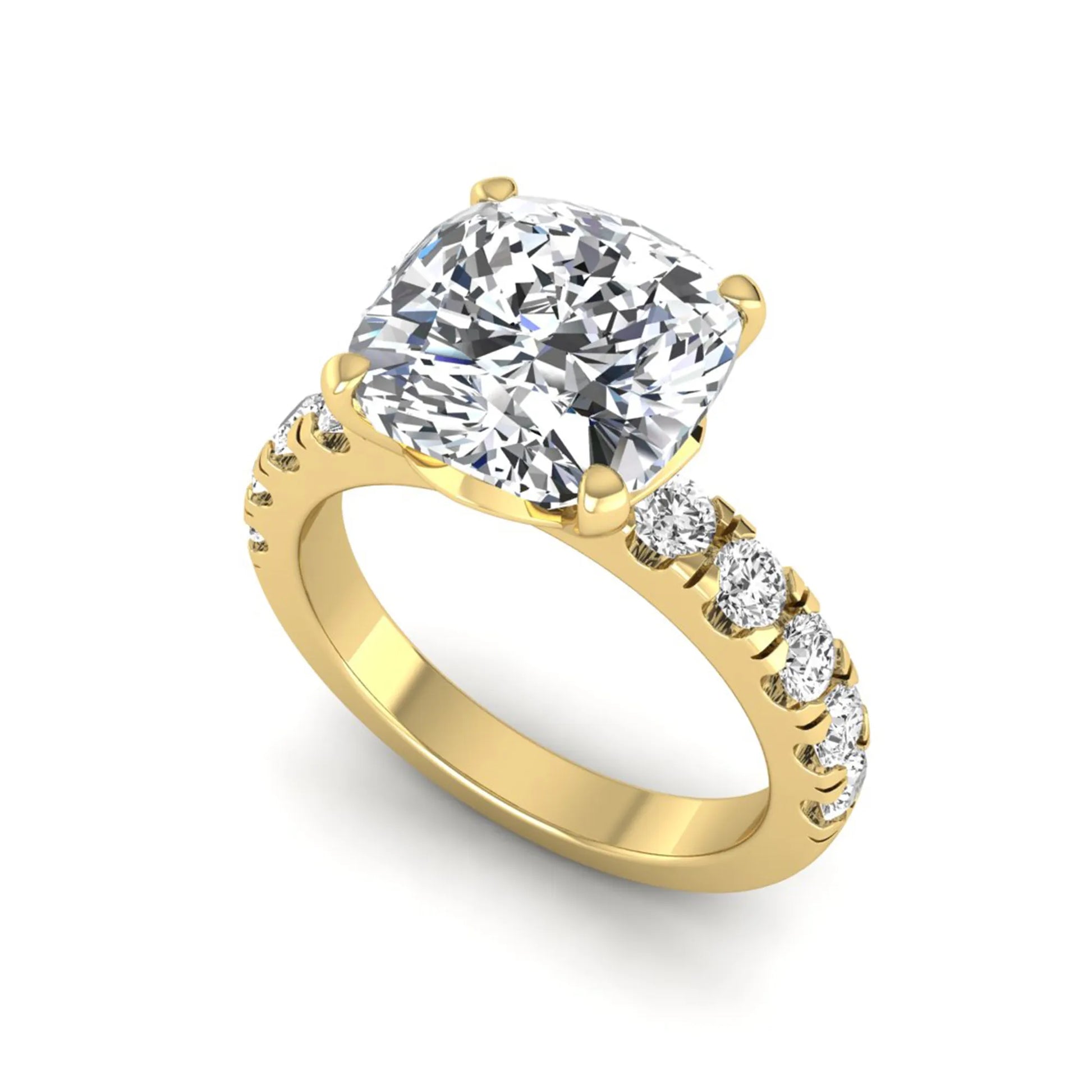 Cushion cut lab grown diamond solitaire engagement ring featuring a four-prong setting with a shared prong round diamond band in a yellow gold tone design.