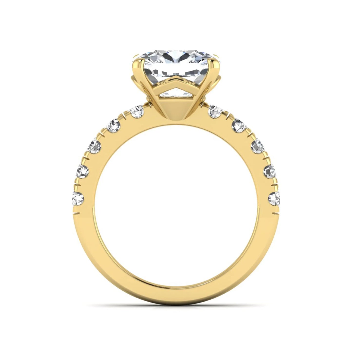 Cushion cut lab grown diamond solitaire engagement ring featuring a four-prong setting with a shared prong round diamond band in a yellow gold tone design.