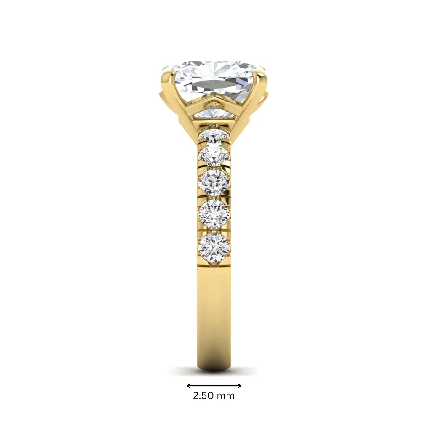Cushion cut lab grown diamond solitaire engagement ring featuring a four-prong setting with a shared prong round diamond band in a yellow gold tone design.