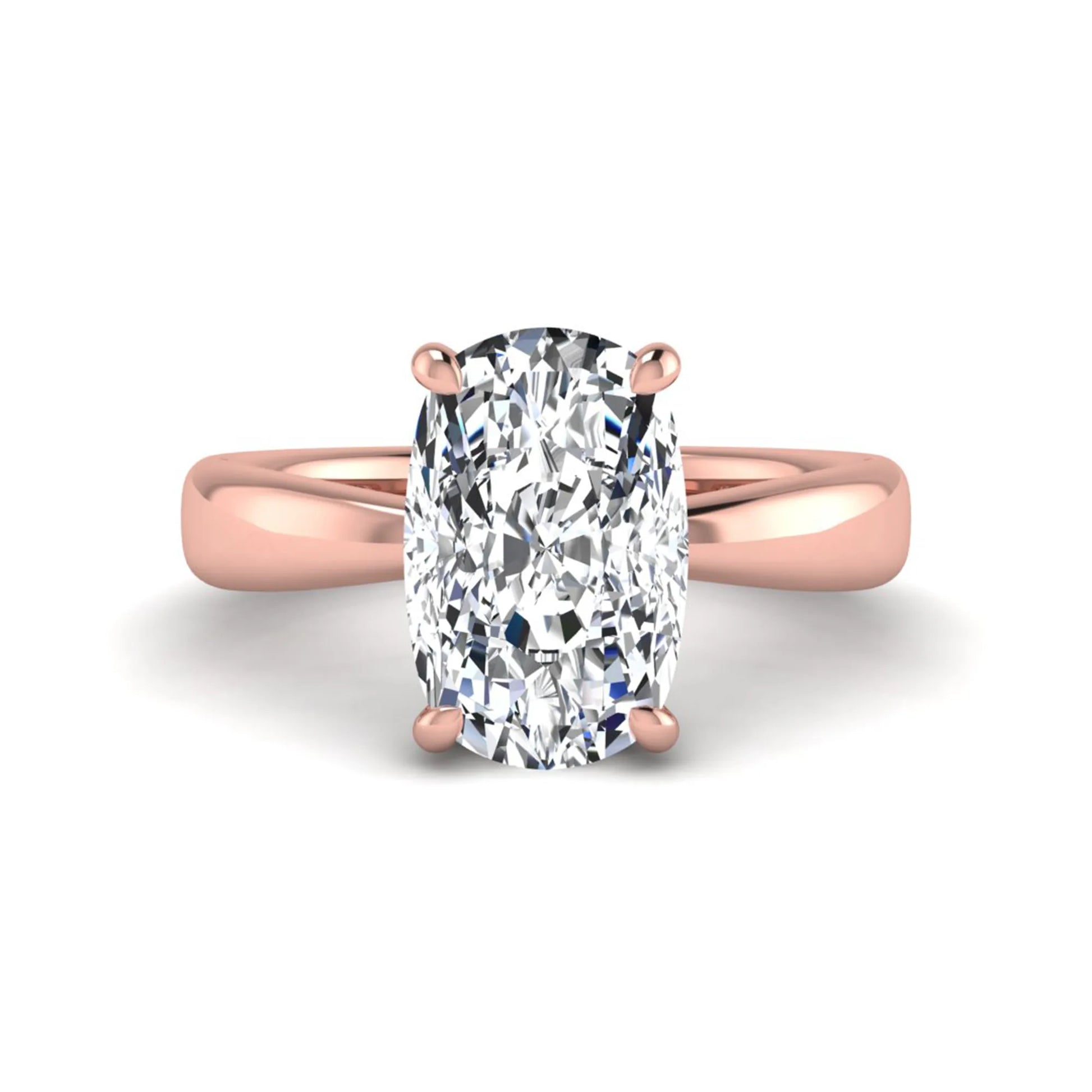 Cushion cut lab grown diamond solitaire engagement ring featuring a four-prong setting with a polished rose gold tone band.