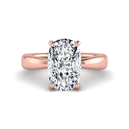Cushion cut lab grown diamond solitaire engagement ring featuring a four-prong setting with a polished rose gold tone band.