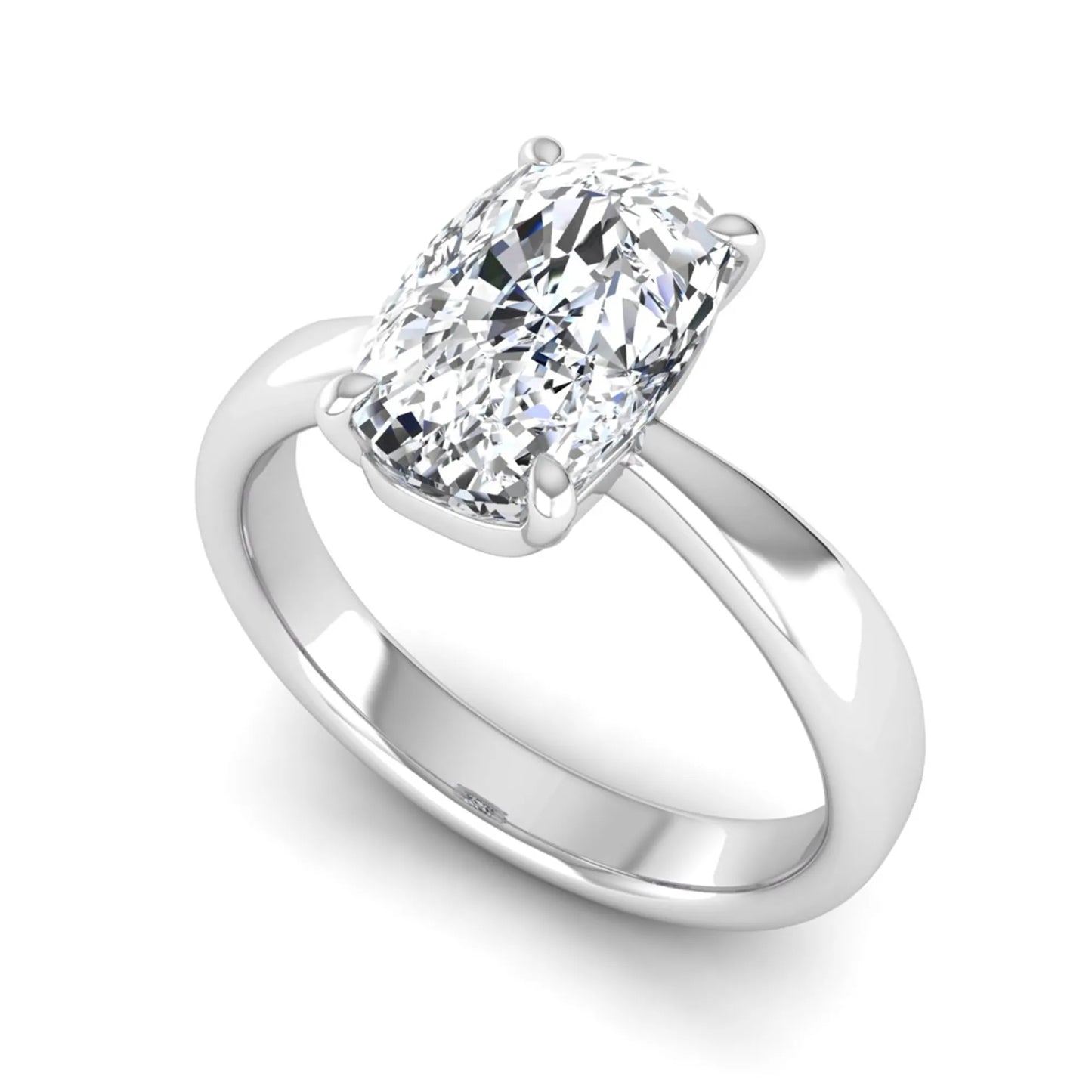 Cushion cut lab grown diamond solitaire engagement ring featuring a four-prong setting with a polished white gold tone band.