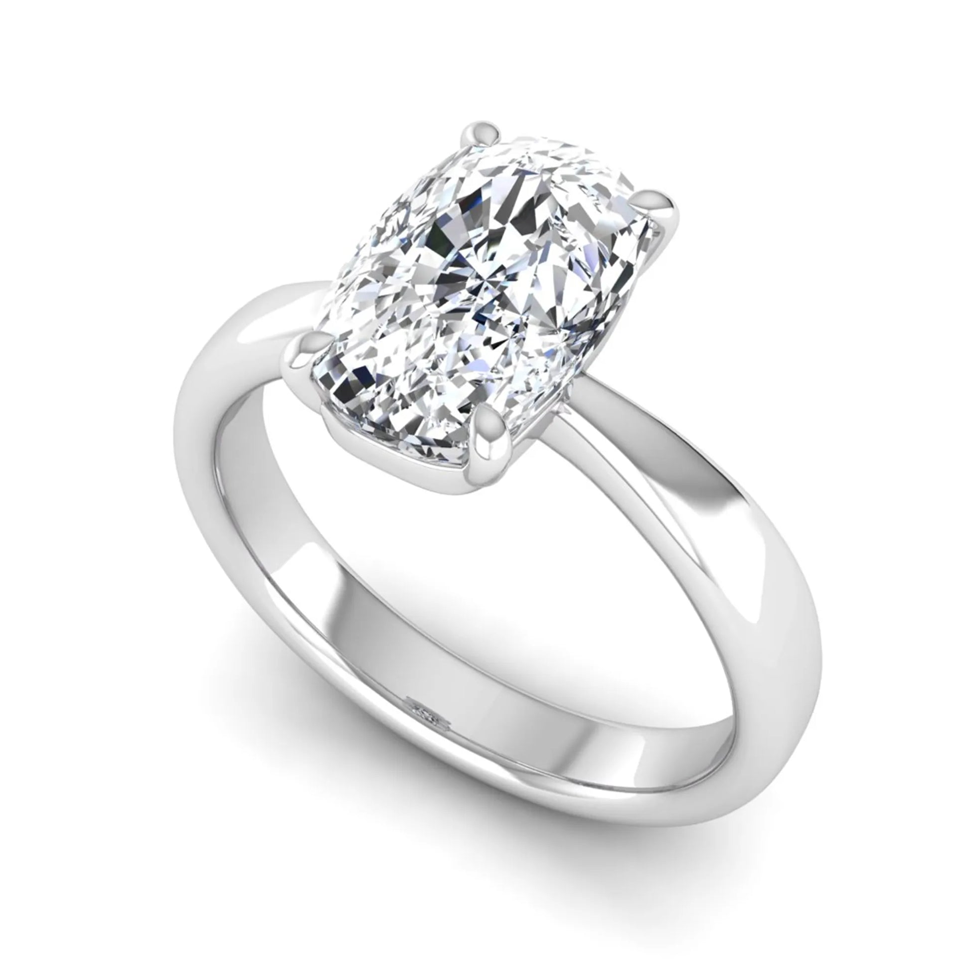 Cushion cut lab grown diamond solitaire engagement ring featuring a four-prong setting with a polished white gold tone band.