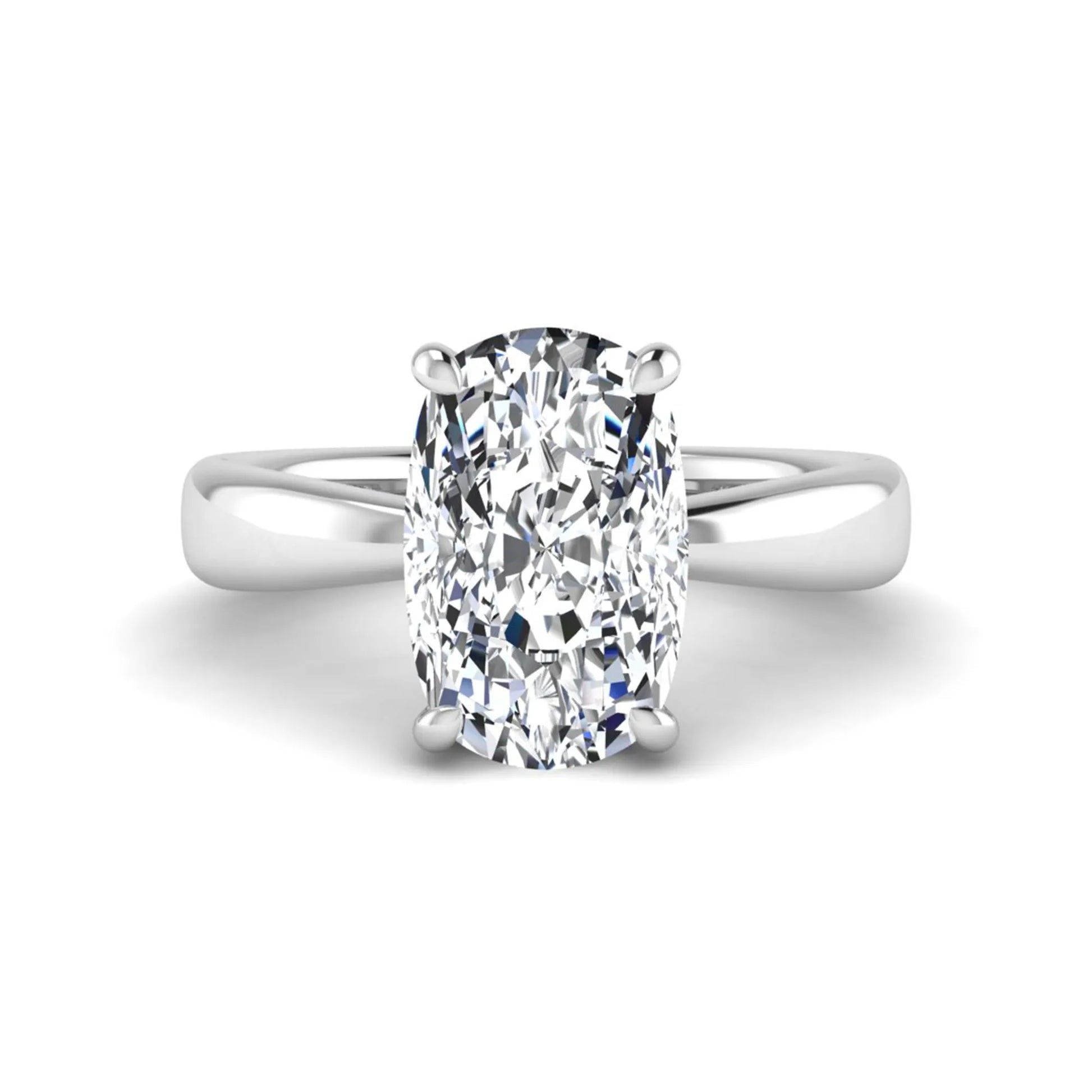 Cushion cut lab grown diamond solitaire engagement ring featuring a four-prong setting with a polished white gold tone band.