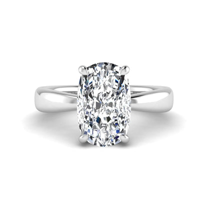 Cushion cut lab grown diamond solitaire engagement ring featuring a four-prong setting with a polished white gold tone band.