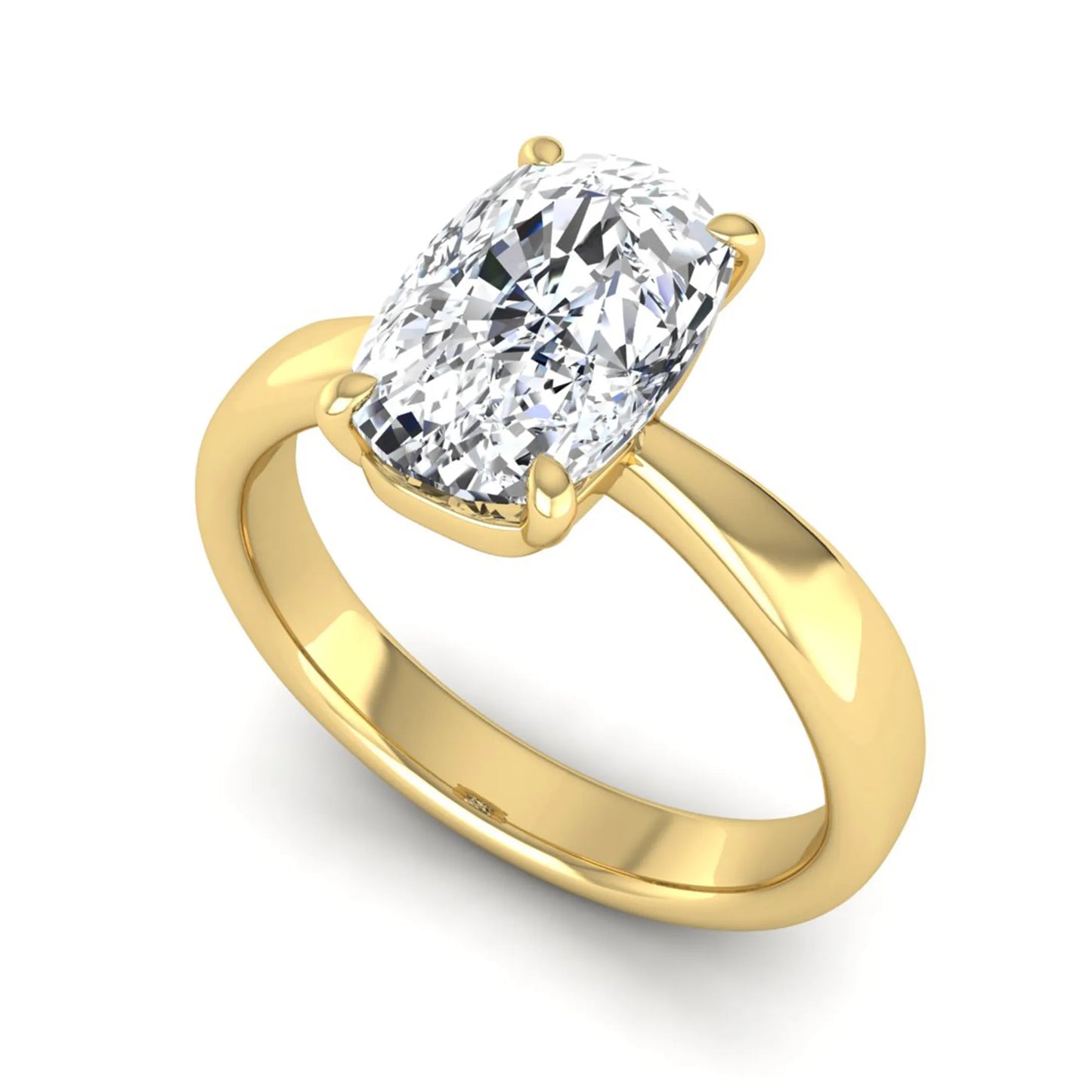 Cushion cut lab grown diamond solitaire engagement ring featuring a four-prong setting with a polished yellow gold tone band.