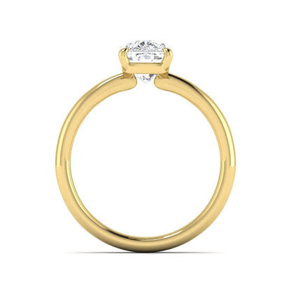 Cushion cut lab grown diamond solitaire engagement ring featuring a four-prong setting with a polished yellow gold tone band.