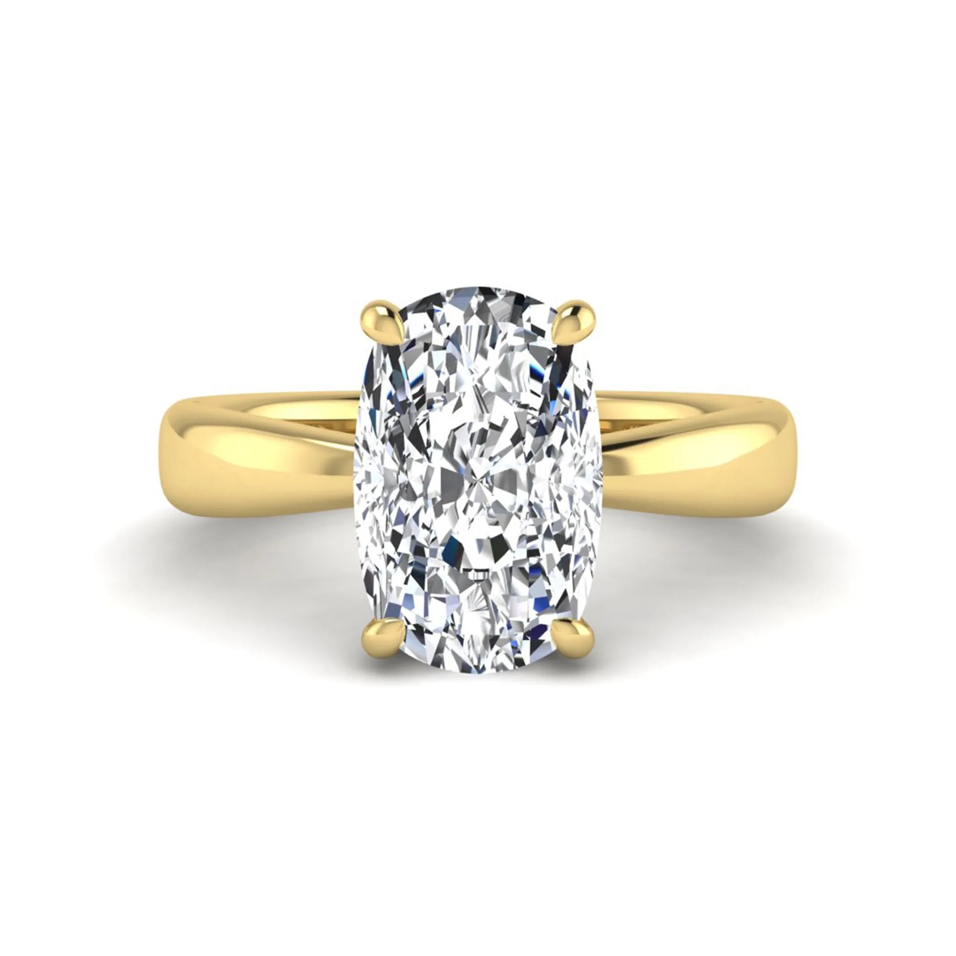 Cushion cut lab grown diamond solitaire engagement ring featuring a four-prong setting with a polished yellow gold tone band.