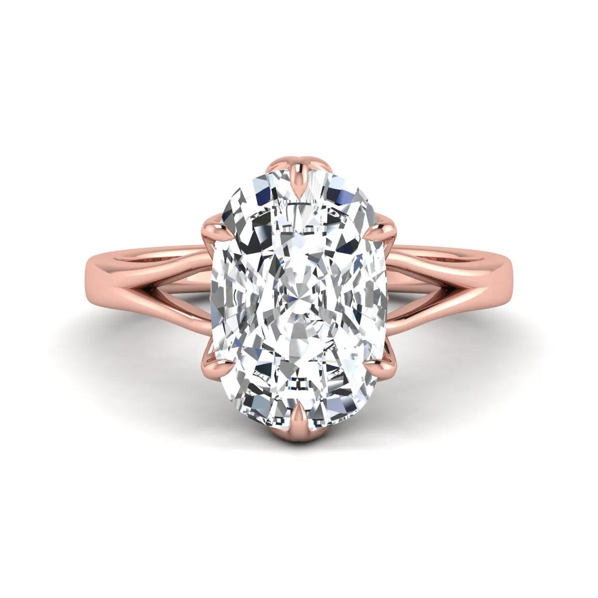 Elongated cushion cut lab grown diamond solitaire engagement ring featuring a four-prong setting with a split cathedral shank in a rose gold tone design.