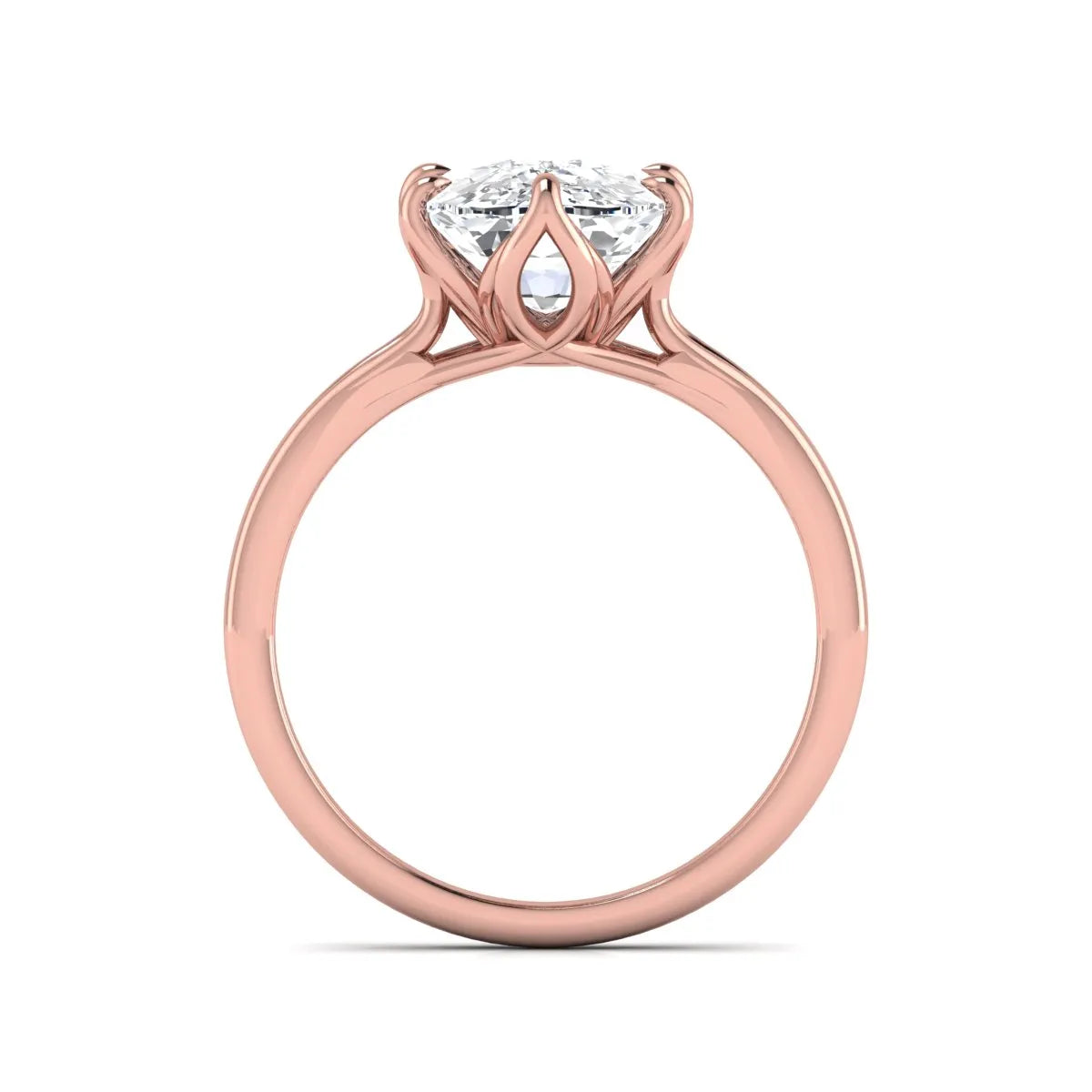 Elongated cushion cut lab grown diamond solitaire engagement ring featuring a four-prong setting with a split cathedral shank in a rose gold tone design.