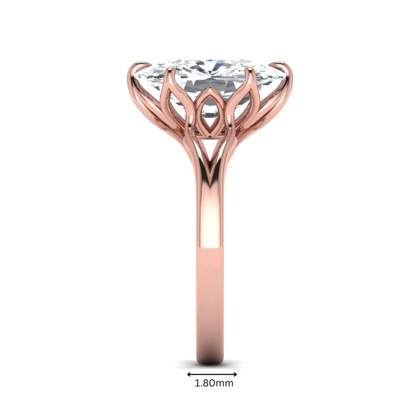 Elongated cushion cut lab grown diamond solitaire engagement ring featuring a four-prong setting with a split cathedral shank in a rose gold tone design.