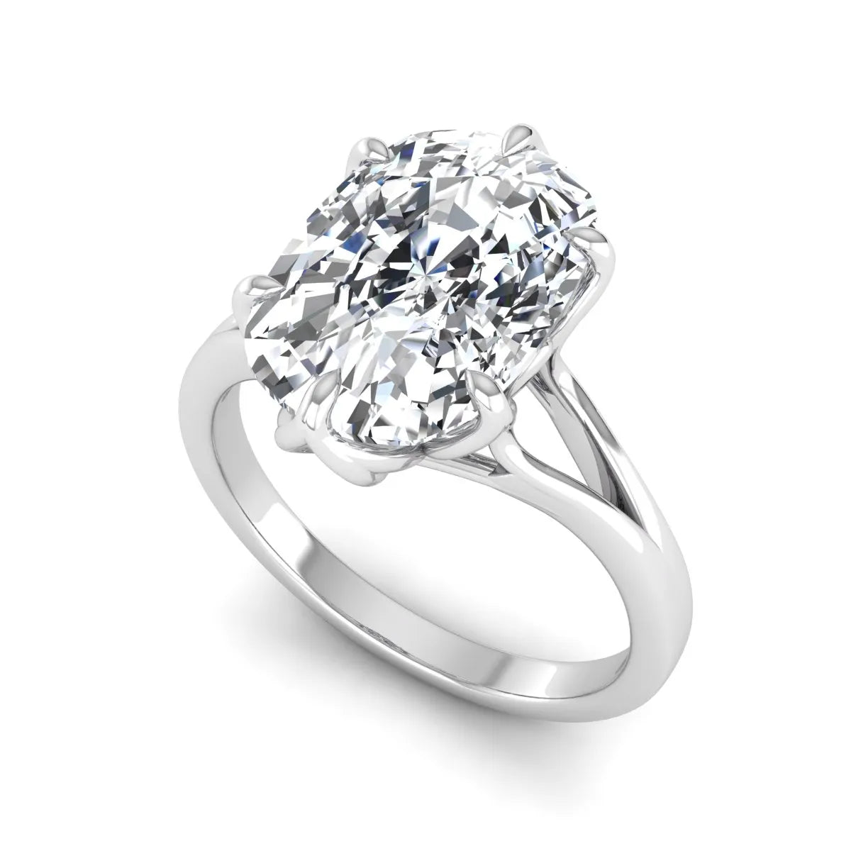 Elongated cushion cut lab grown diamond solitaire engagement ring featuring a four-prong setting with a split cathedral shank in a white gold tone design.