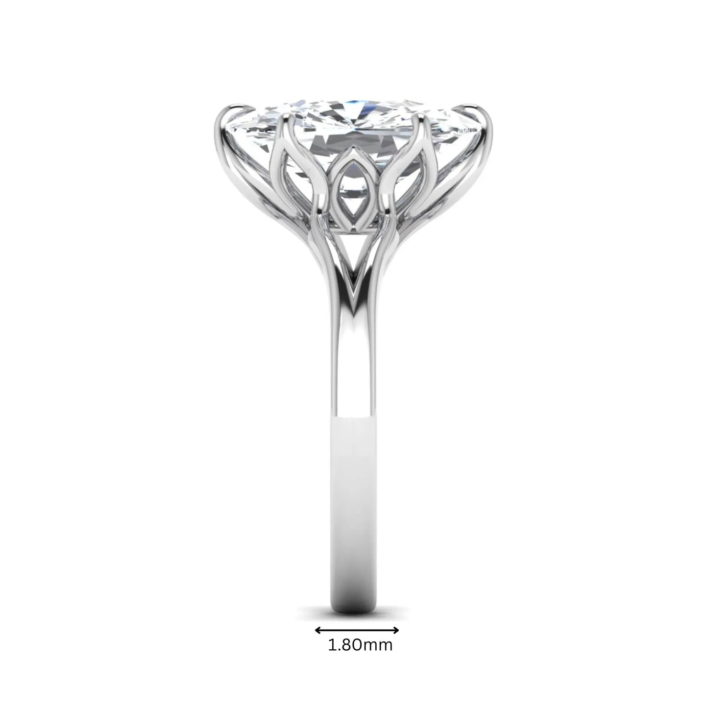 Elongated cushion cut lab grown diamond solitaire engagement ring featuring a four-prong setting with a split cathedral shank in a white gold tone design.