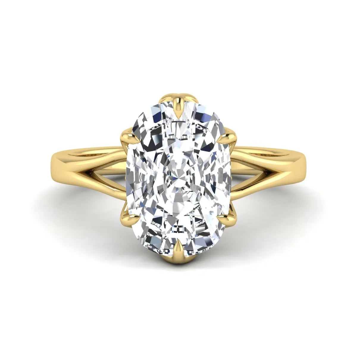 Elongated cushion cut lab grown diamond solitaire engagement ring featuring a four-prong setting with a split cathedral shank in a yellow gold tone design.