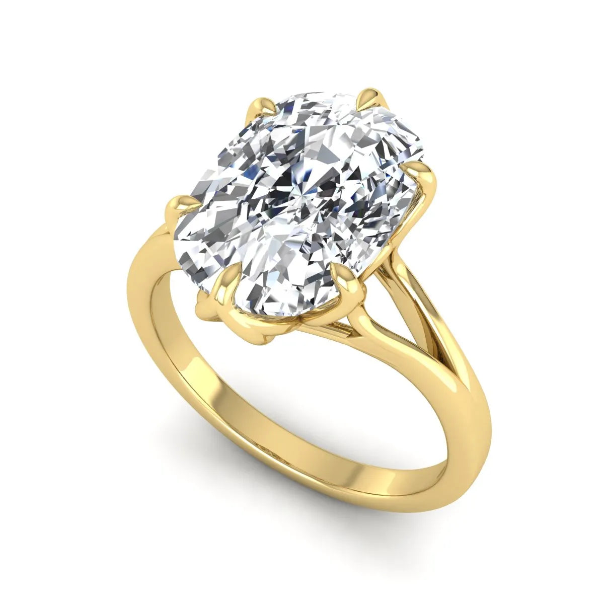 Elongated cushion cut lab grown diamond solitaire engagement ring featuring a four-prong setting with a split cathedral shank in a yellow gold tone design.