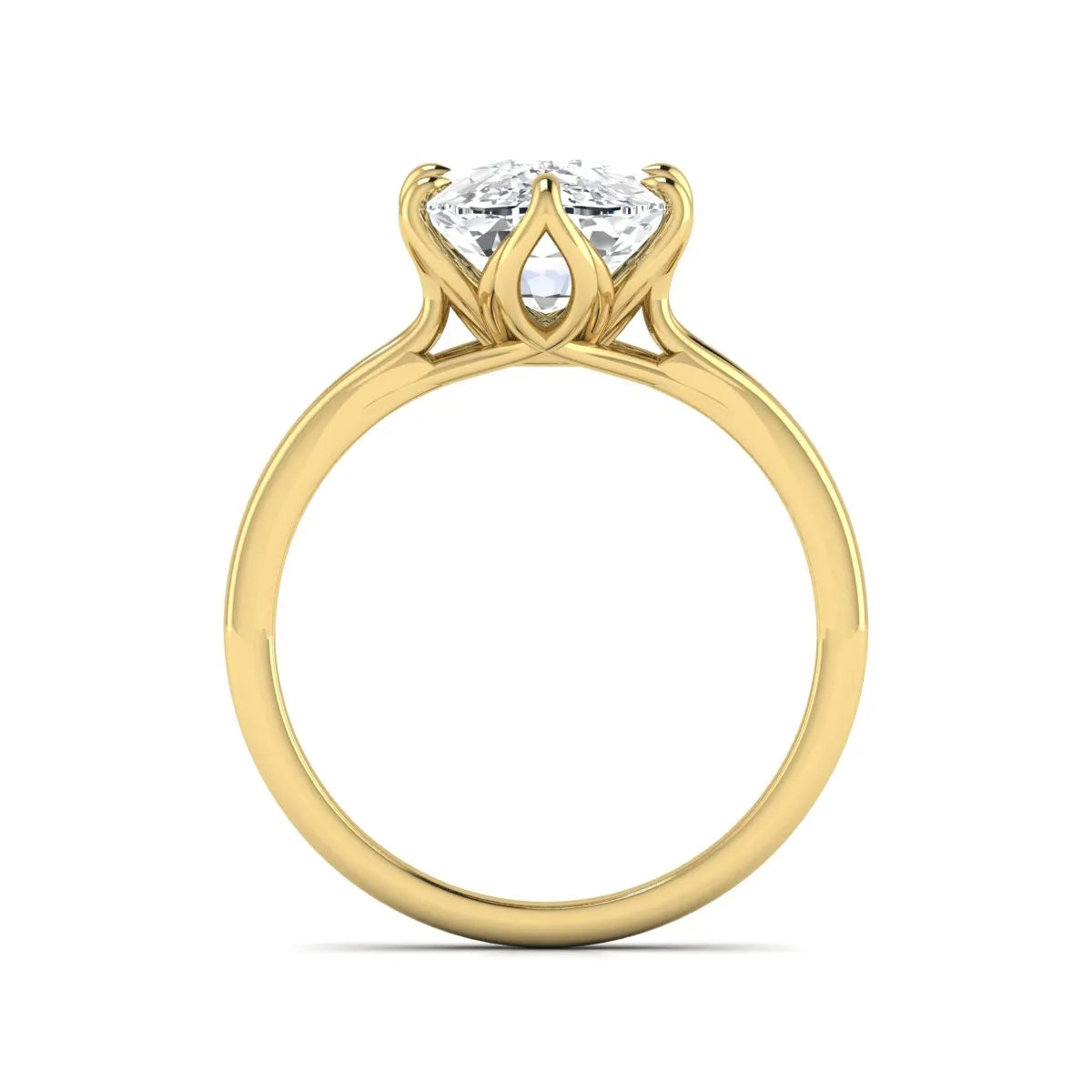 Elongated cushion cut lab grown diamond solitaire engagement ring featuring a four-prong setting with a split cathedral shank in a yellow gold tone design.