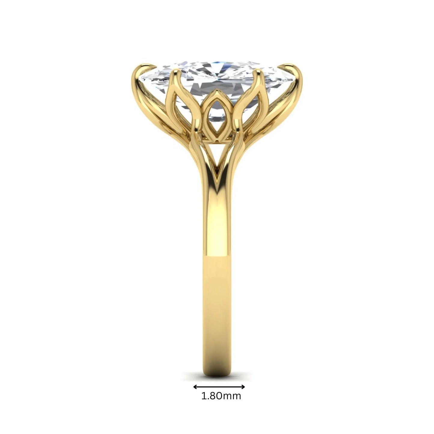 Elongated cushion cut lab grown diamond solitaire engagement ring featuring a four-prong setting with a split cathedral shank in a yellow gold tone design.