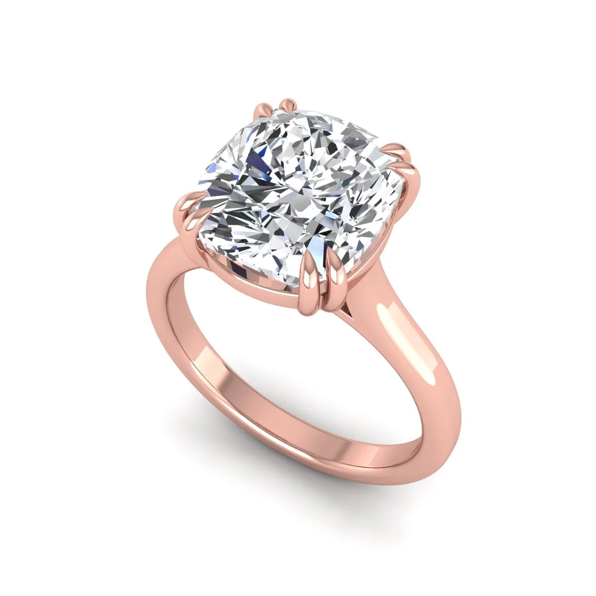 Cushion cut lab grown diamond solitaire engagement ring with classic prong setting and rose gold tone shown for design reference.