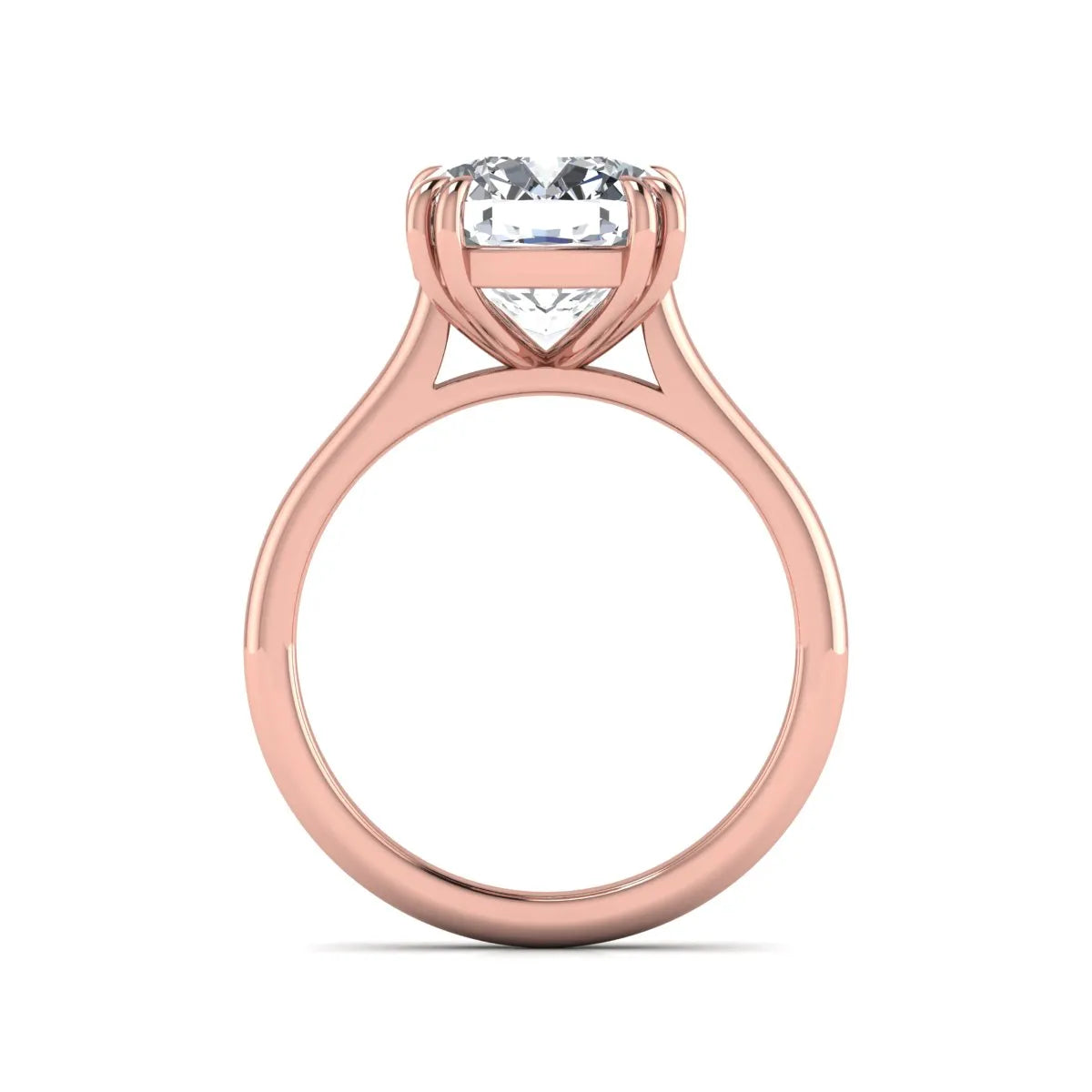 Cushion cut lab grown diamond solitaire engagement ring with classic prong setting and rose gold tone shown for design reference.